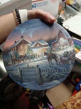 decorative tin box  artwork "Trimming the Tree" by artist Terry 8" X 3" Miller